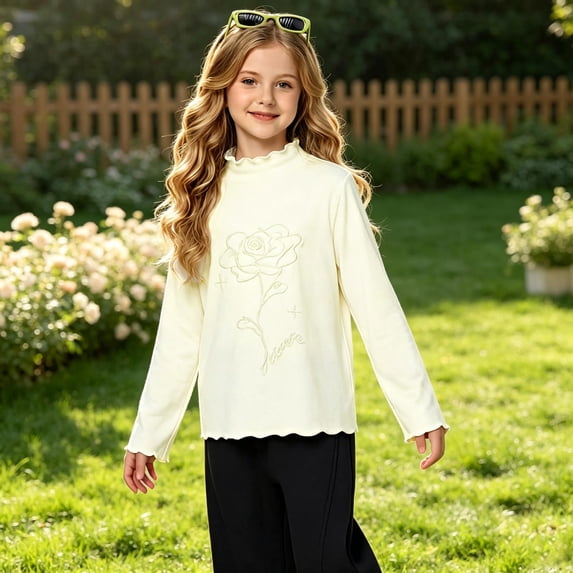 Krdevn Kids Mock Neck Long Sleeve Top Modal Soft Embroidered Floral Tee Stretchy Slim Fit Base Shirt for Casual Daily Outdoor Fall Spring Wear,4-5 Years