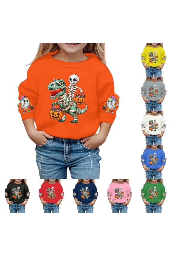 Krdevn Kids Mummy Dinosaur Skeleton Pumpkin Baseball Ghost Graphic Crewneck Sweatshirt Long Sleeve Casual Pullover Top for Halloween Holiday Wear Orange,9-10 Years