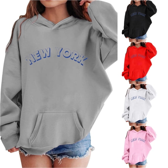 Krdevn Kids New York Letter Graphic Pullover Hoodie Kangaroo Pocket Soft Casual Sweatshirt,5-6 Years