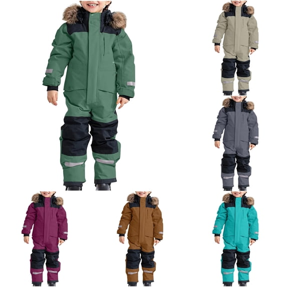 Krdevn Kids One Piece Snowsuit Hooded Reflective Stripe Windproof Waterproof Winter Jumpsuit for Boys Girls,14-15 Years