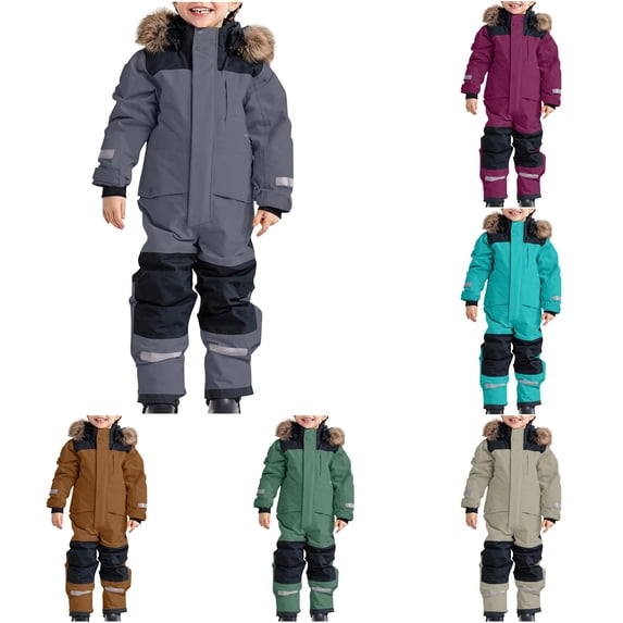 Krdevn Kids One Piece Snowsuit Hooded Reflective Stripe Windproof Waterproof Winter Jumpsuit for Boys Girls,8-9 Years