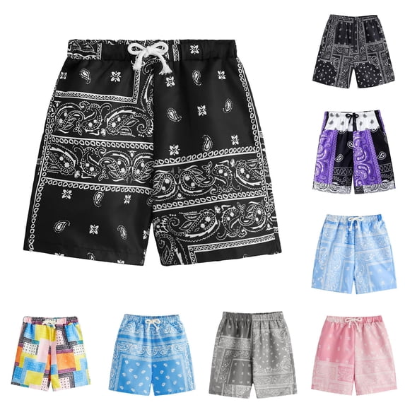 Krdevn Kids Paisley Bandana Print Casual Shorts Elastic Waist Relaxed Fit Breathable Lightweight Bottoms Beach Play School Outdoor Summer Daily Wear,13-14 Years