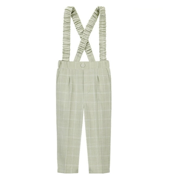 Krdevn Kids' Plaid Suspender Pants, Casual Suit Trousers with Ruffled Cross Straps, Spring School Pants for Boys,2-3 Years