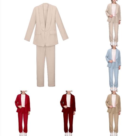 Krdevn Kids' Preppy Style Suit Set, Girls' Long Sleeve Blazer and Straight Leg Pants,Beige