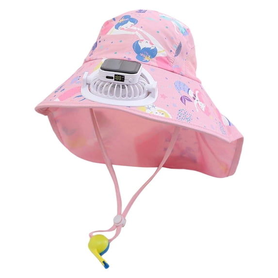 Krdevn Kids Print Sun Hat with Rechargeable Fan, Wide Brim Neck Flap Hat Size:2