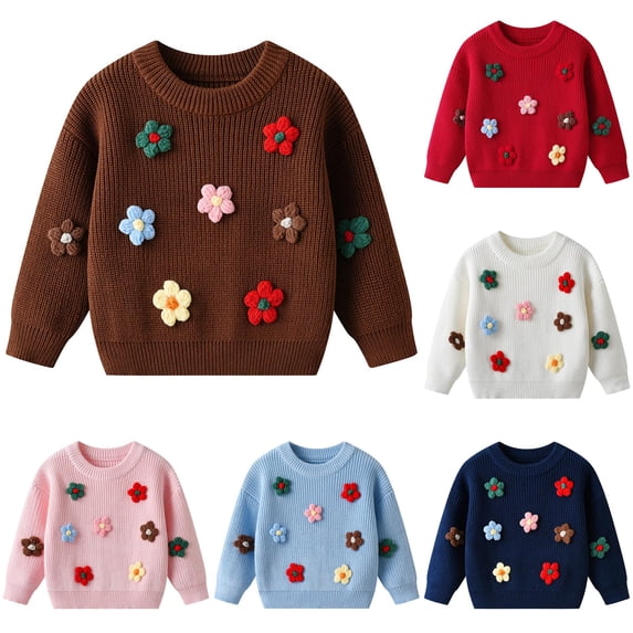 Krdevn Kids Pullover Sweater, Crew Neck Knit Tops with HandâCrochet 3D Appliques, Long Sleeve Loose Fit Warm Knitted Shirts for Toddler Boys Girls,#5 Coffee