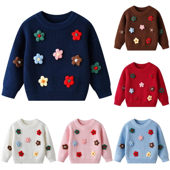 Krdevn Kids Pullover Sweater, Crew Neck Knit Tops with HandâCrochet 3D Appliques, Long Sleeve Loose Fit Warm Knitted Shirts for Toddler Boys Girls,#5 Dark Blue