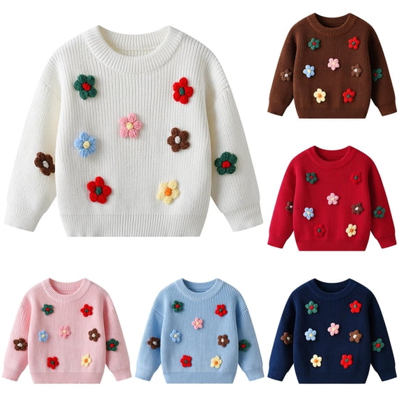 Krdevn Kids Pullover Sweater, Crew Neck Knit Tops with HandâCrochet 3D Appliques, Long Sleeve Loose Fit Warm Knitted Shirts for Toddler Boys Girls,#5 White
