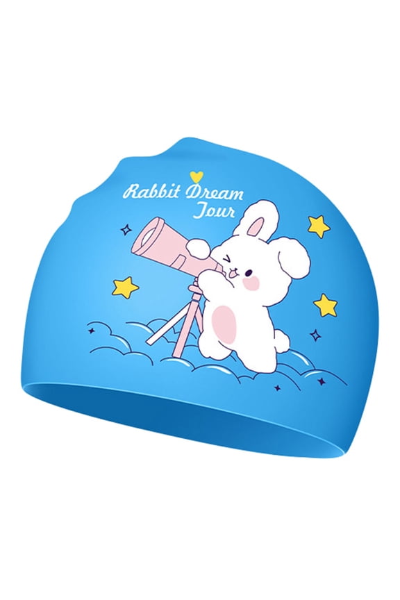 Krdevn Kids Rabbit Dream Tour Swim Cap, Blue Silicone Waterproof Hat Size:5-12 Years