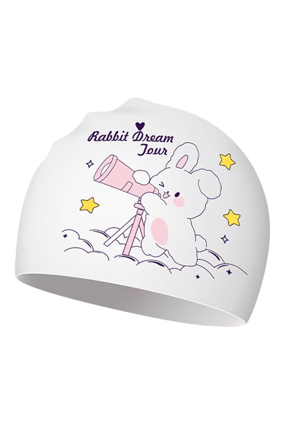 Krdevn Kids Rabbit Dream Tour Swim Cap, Blue Silicone Waterproof Hat Size:5-12 Years