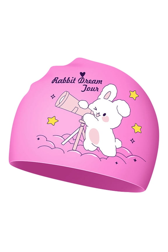 Krdevn Kids Rabbit Dream Tour Swim Cap, Blue Silicone Waterproof Hat Size:5-12 Years