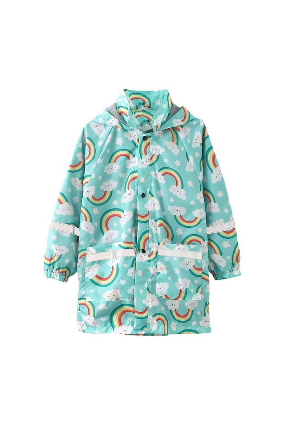 Krdevn Kids Rainbow Cloud Print Reflective Hooded Raincoat Waterproof Pocket Loose Kids Rain Jacket Color:Green,Size:2-3 Years