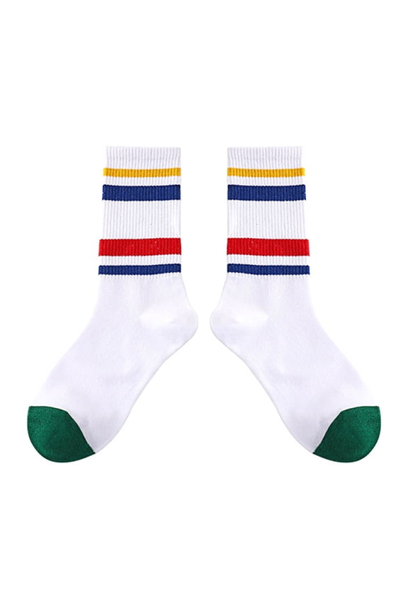 Krdevn Kids Rainbow Multi Stripe Rib Cotton Mid Calf Socks Size:4-12 Years