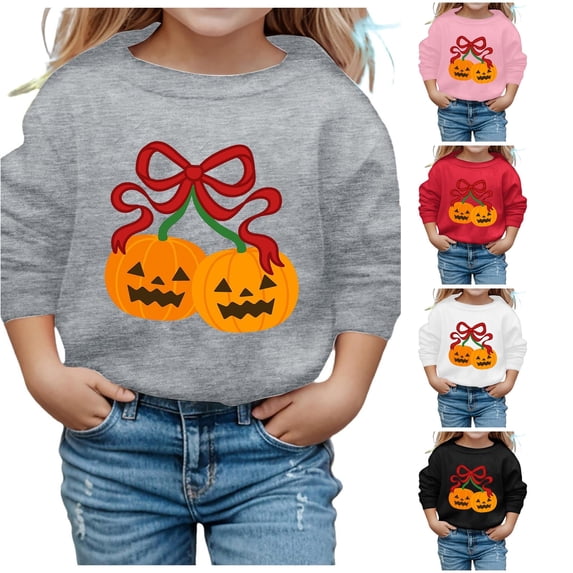 Krdevn Kids Red Bow Cherry Pumpkin Graphic Crewneck Sweatshirt Long Sleeve Casual Pullover Top for Halloween Holiday Outfit Grey,3-4 Years