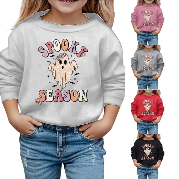 Krdevn Kids Retro Spooky Season Floral Ghost Bat Graphic Crewneck Sweatshirt Long Sleeve Casual Pullover Top for Halloween Holiday Outfit White,9-10 Years