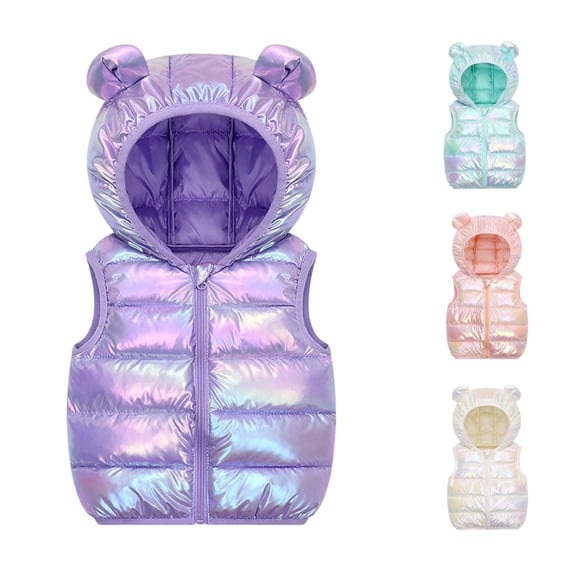 Krdevn Kids Shiny Gradient Hooded Padded Vest, Zip Up Sleeveless Lightweight Waistcoat Casual Outerwear for Boys Girls Fall Winter,Purple