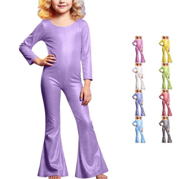 Krdevn Kids Shiny Stretch Jumpsuit, Long Sleeve Round Neck Flare Bell Bottom Dancewear for Boys Girls Stage Performance,Purple