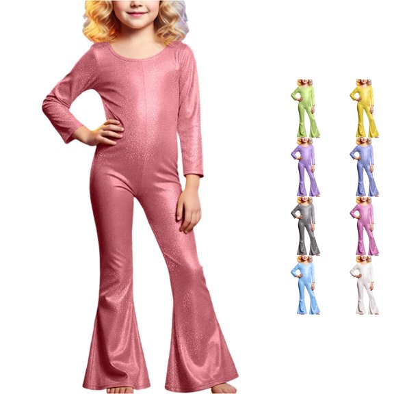 Krdevn Kids Shiny Stretch Jumpsuit, Long Sleeve Round Neck Flare Bell Bottom Dancewear for Boys Girls Stage Performance,Red