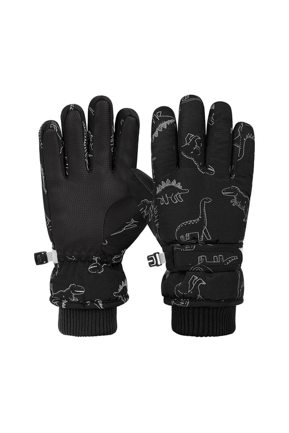 Krdevn Kids Sketch Dinosaur Full Finger Ski Gloves Waterproof Non Palm Adjustable Buckle Ribbed Insulated Snow Gloves Size:3-8 Years