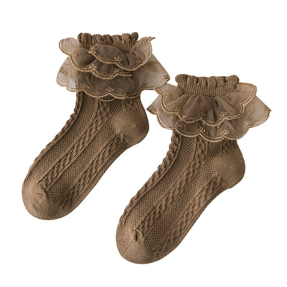 Krdevn Kids Solid Cable Knit Double Lace Ruffle Cotton Mid Calf Socks Size:25