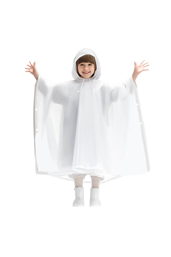 Krdevn Kids Solid Cape Rain Poncho Hooded Drawstring Lightweight Waterproof Reusable Side Snap Rain Coat for Boys Girls Travel Camping Color:White,Size:5-10 Years