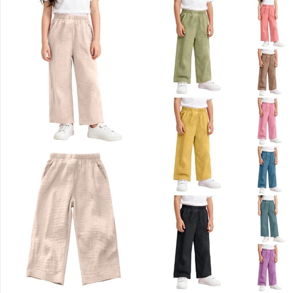 Krdevn Kids' Solid Color Cotton Gauze Pants, Elastic Waist Loose Wide Leg Summer Pants,Beige