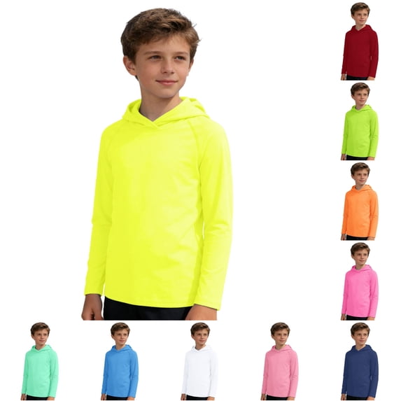 Krdevn Kids Solid Color Hooded Long Sleeve Shirt, Lightweight Outdoor Sun Protection Casual Pullover Top for Boys and Girls,Yellow
