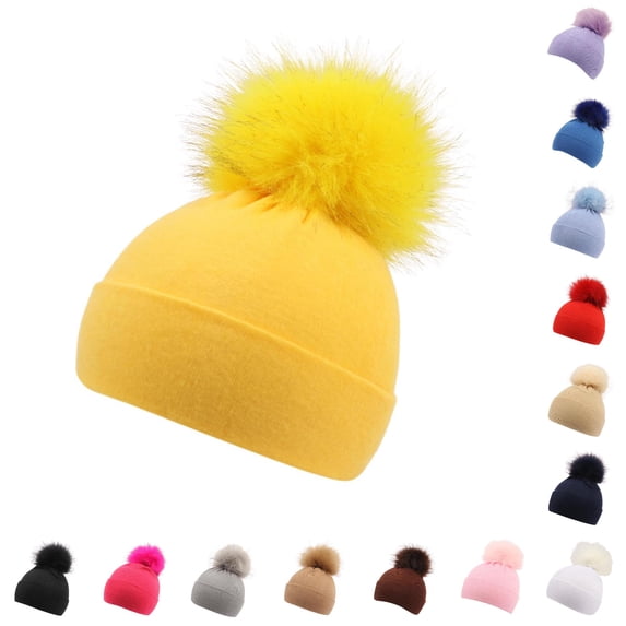 Krdevn Kids Solid Knit Beanie Large Pom Pom Soft Stretchy Warm Wool Winter Hat for Toddler Baby Boys Girls Autumn Cold Daily Outdoor