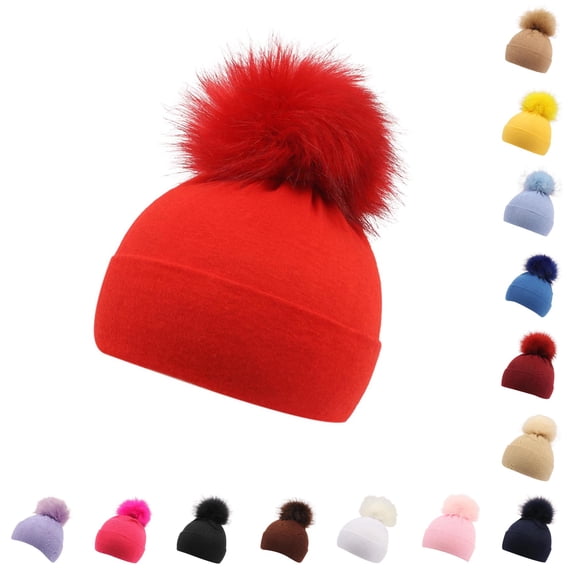 Krdevn Kids Solid Knit Beanie Large Pom Pom Soft Stretchy Warm Wool Winter Hat for Toddler Baby Boys Girls Autumn Cold Daily Outdoor