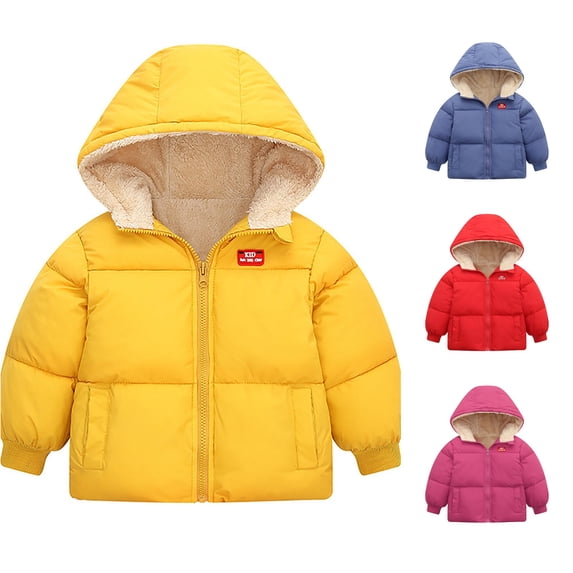 Krdevn Kids Solid Hooded Lined Padded Coat Quilted Winter Jacket Label Patch Outerwear Yellow,18-24 Months