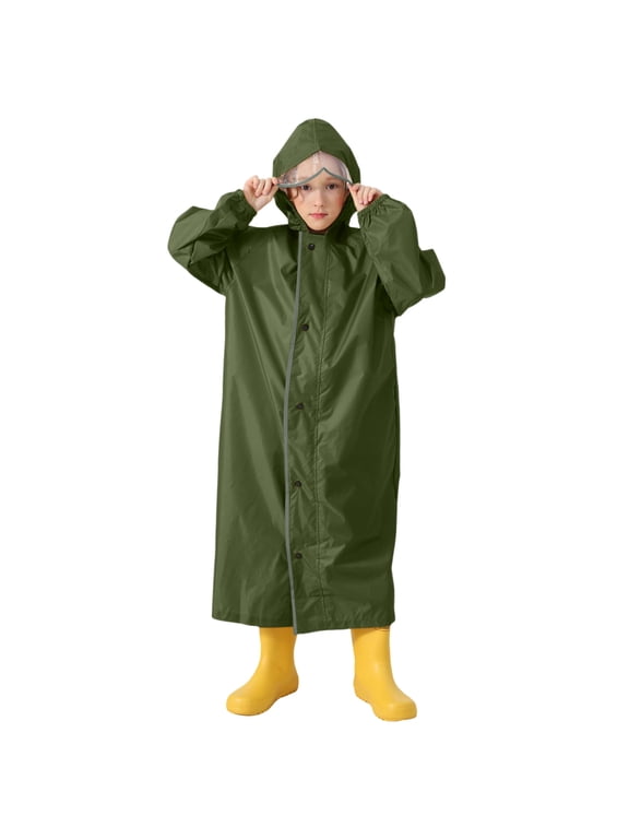 Krdevn Kids Solid Hooded Raincoat with Detachable Clear Face Shield Waterproof Windproof Snap Front Elastic Cuff Long Rain Jacket for Boys Girls School Travel Color:Green,Size:10-12 Years