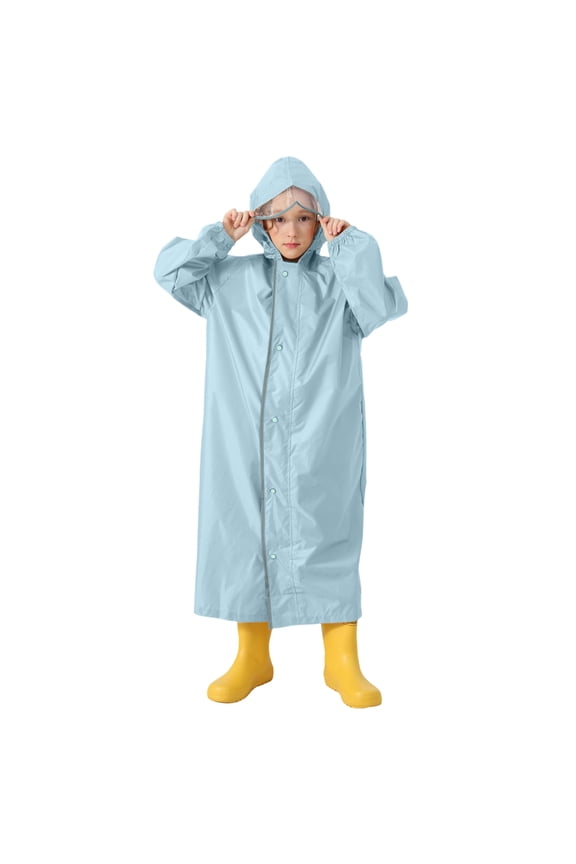 Krdevn Kids Solid Hooded Raincoat with Detachable Clear Face Shield Waterproof Windproof Snap Front Elastic Cuff Long Rain Jacket for Boys Girls School Travel Color:Blue,Size:10-12 Years