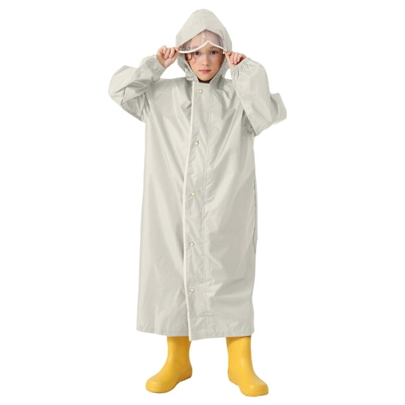 Krdevn Kids Solid Hooded Raincoat with Detachable Clear Face Shield Waterproof Windproof Snap Front Elastic Cuff Long Rain Jacket for Boys Girls School Travel Color:Beige,Size:12-14 Years