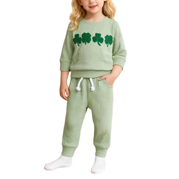 Krdevn Kids St. Patrick's Day Outfit - Cozy Long Sleeve Top & Pants Set with Embroidery Print,12-18 Months