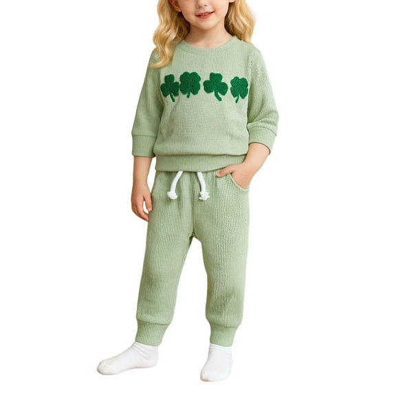 Krdevn Kids St. Patrick's Day Outfit - Cozy Long Sleeve Top & Pants Set with Embroidery Print,6-12 Months