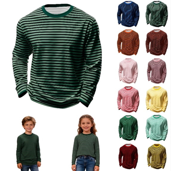 Krdevn Kids Striped Crew Neck Long Sleeve T-Shirt, Casual Soft Basic Layering Top for Boys and Girls,Dark Green