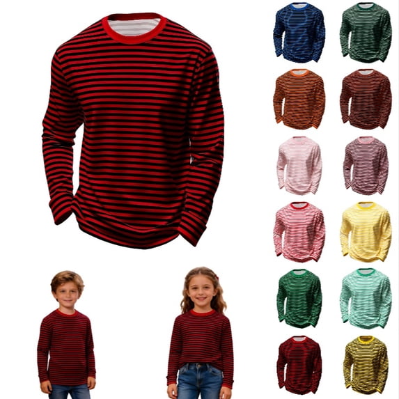 Krdevn Kids Striped Crew Neck Long Sleeve T-Shirt, Casual Soft Basic Layering Top for Boys and Girls,Red