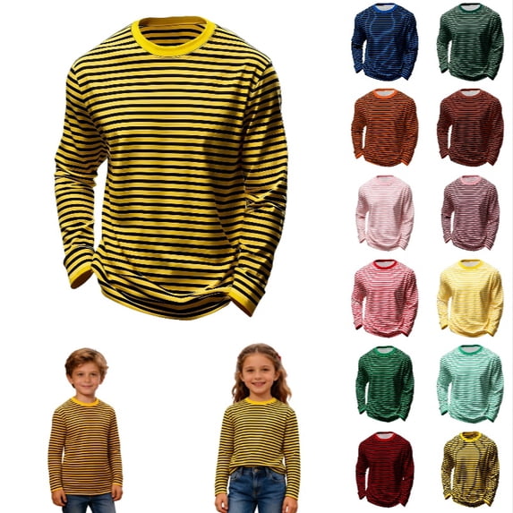 Krdevn Kids Striped Crew Neck Long Sleeve T-Shirt, Casual Soft Basic Layering Top for Boys and Girls,Yellow