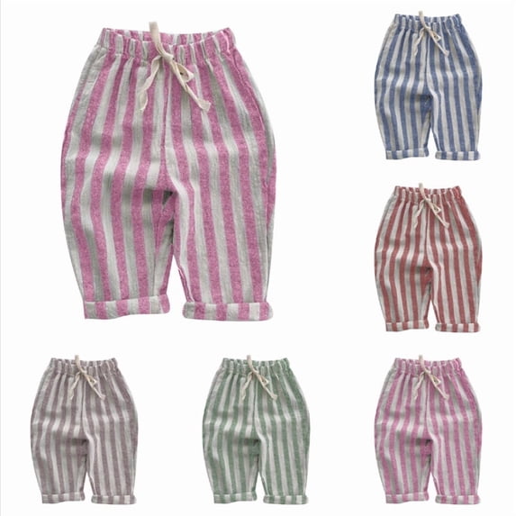Krdevn Kids' Striped Linen Cotton Pants, Elastic Waist Drawstring Trousers for Boys & Girls,Hot Pink