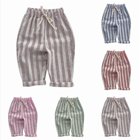 Krdevn Kids' Striped Linen Cotton Pants, Elastic Waist Drawstring Trousers for Boys & Girls,Light Purple