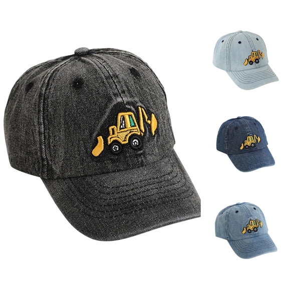 Krdevn Kids Summer Washed Denim Baseball Cap Cute Excavator Embroidery Adjustable Soft Brim Outdoor Sun Headwear Unisex for Toddler Boys Girls