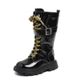 thumbnail image 1 of Krdevn Kids Tall Combat Boots, Glossy Patent Upper, GoldâTone Laces & Buckle Strap, Soft Nonâ Sole Fashion Long Boots,Black, 1 of 9