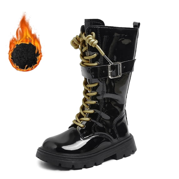 Krdevn Kids Tall Combat Boots, Glossy Patent Upper, GoldâTone Laces & Buckle Strap, Soft Nonâ Sole Fashion Long Boots,Black