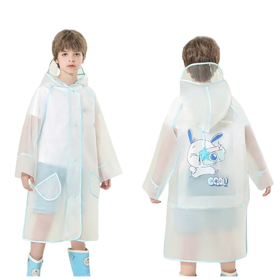 Krdevn Kids Transparent Cartoon Bunny Hooded Raincoat Light Blue Trim Long Snap Front Waterproof Reusable Rain Jacket with Backpack Pocket for Boys Girls School Travel Light Blue,Size:8-10 Years