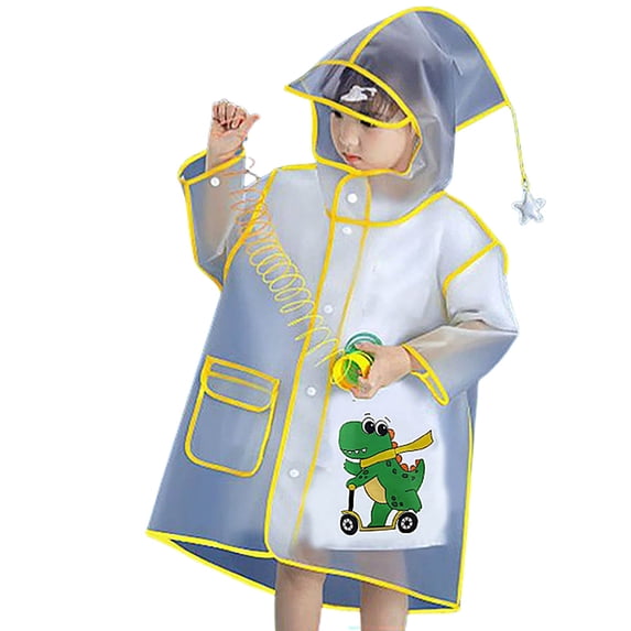 Krdevn Kids Transparent Dinosaur Scooter Print Hooded Raincoat Long Snap Front Waterproof Reusable Rain Jacket with Side Pocket for Boys Girls Outdoor School Color:Clear1,Size:8-10 Years