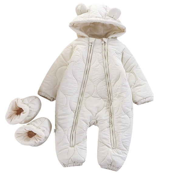 Krdevn Kids Unisex Solid One Piece Snowsuit Bear Ear Hood Baby Ski Jumpsuit Waterproof Windproof Insulated Winter Romper with Detachable Booties Size:0-3 Months