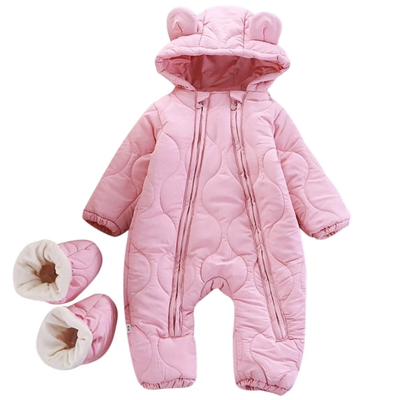 Krdevn Kids Unisex Solid One Piece Snowsuit Bear Ear Hood Baby Ski Jumpsuit Waterproof Windproof Insulated Winter Romper with Detachable Booties Size:3-6 Months