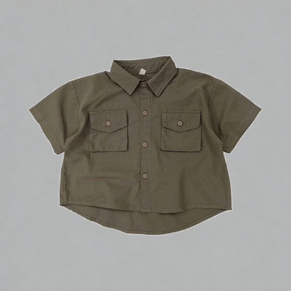 Krdevn Kids Utility Button-Down Shirt Short Sleeve Breathable Cotton Blend Boys Girls Casual Summer Top,1-2 Years