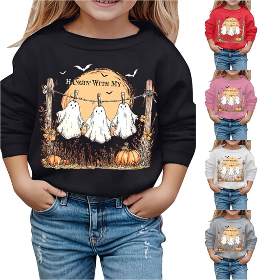 Krdevn Kids Vintage Hanging Ghost Pumpkin Bat Graphic Crewneck Sweatshirt Long Sleeve Casual Pullover Top for Halloween Holiday Outfit Black,4-5 Years