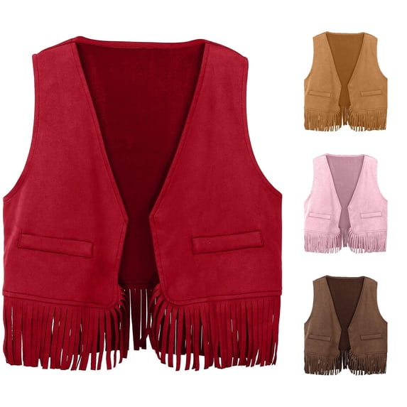 Krdevn Kids Western Fringe Vest Open Front Sleeveless Tassel Waistcoat Top for Party Dress Up,11-12 Years